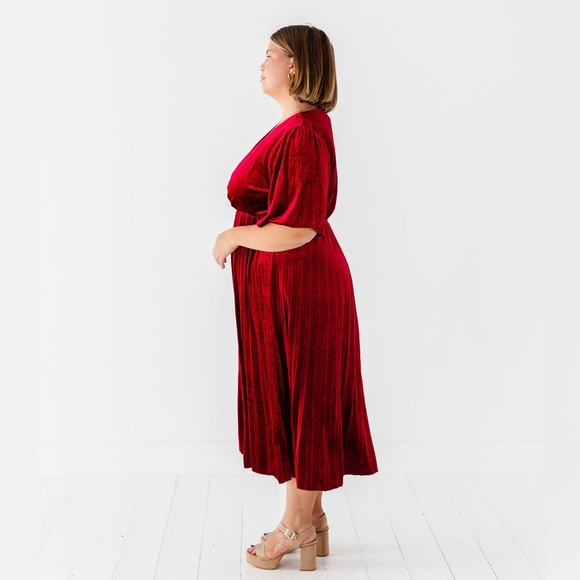 NWT Noelle Red Velvet Midi Dress | Pleated, V-Neck, A-Line | Women’s Plus 2X - Picture 2 of 16